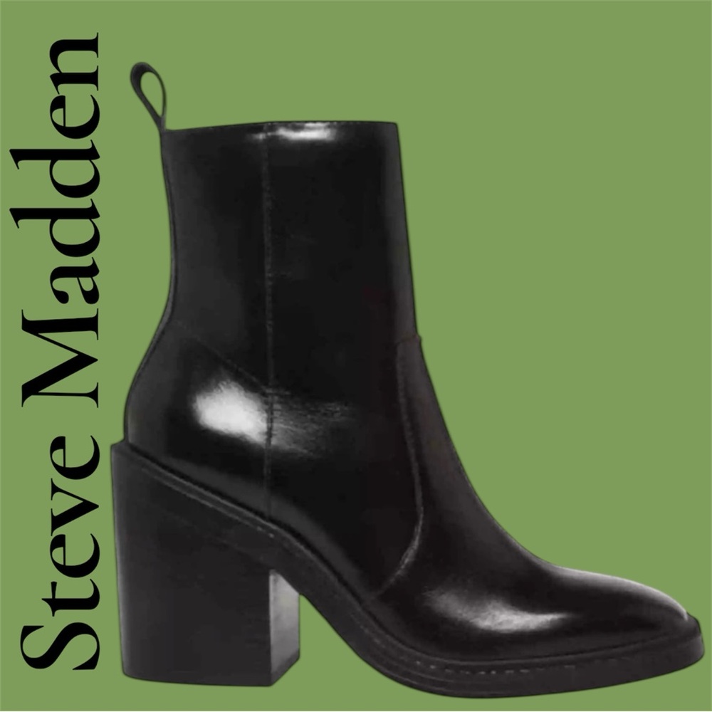 Steve Madden Lina Black Leather Block Heel Ankle Boot. 10 Side-zip. New w/o box!